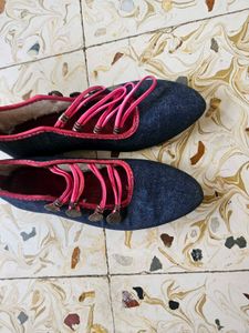 Denim Ballet Flats with Pink Accents