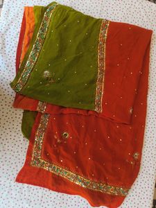 Elegant Red &amp; Green Embellished Saree
