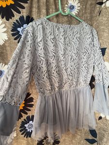 Grey Lace &amp; Net Peplum Top – Elegant Party Wear🫶�