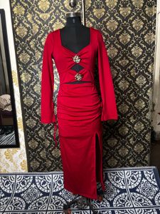 Red Ruched Bodycon Dress with Side Slit