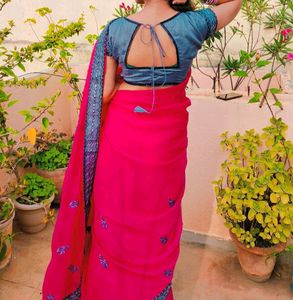 Pink Saree With Silver Border