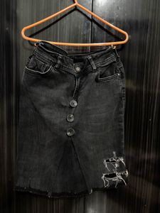 Black Denim Skirt with Button Detail