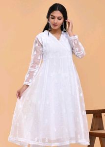 Branded White Organza Chikankari anarkali Kurta