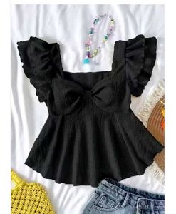 Chic Black Peplum Top with Ruffle Sleeves