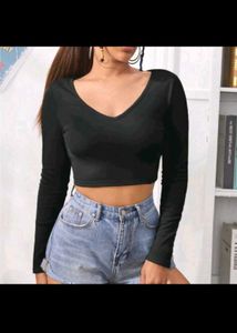Black V-Neck Long Sleeve Crop Top