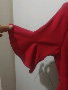 Elegant Red Ruffle Sleeve Wrap Dress