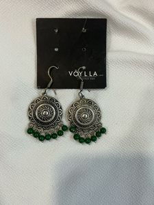 Oxidized Silver Jhumka Earrings with Green Beads