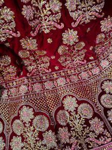 Exquisite Red Velvet Lehenga with Golden Embroider