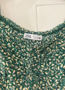 Zara Green Floral Puff Sleeve Midi Dress
