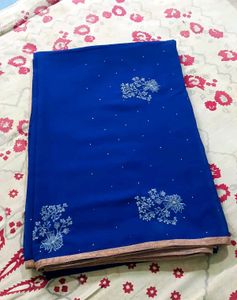 Royal Blue Embroidered Synthetic Saree