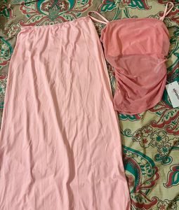 Chic Pink Ruched Mesh Top & Skirt Set
