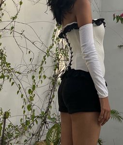 Ivory Corset Top with Black Lace Trim