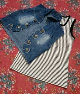 Denim Vest &amp; Striped Top Set
