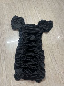 Black Ruched Puff Sleeve Mini Dress