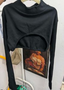 Black Ribbed Crop Top With Cut-Out Front
