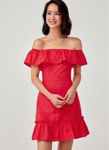 Mango Chic Off-Shoulder Ruffle Red Dress
