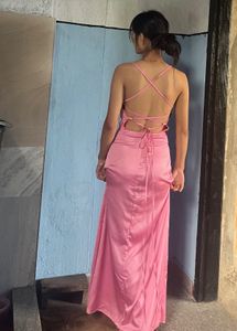 Satin Pink Maxi Dress with High Slit