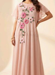 Pink Embroidered Maxi Dress with Floral Appliques