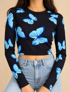 Blue Butterfly Print Crop Top