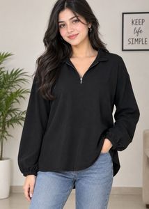 Chic Black Zipper Neck Top