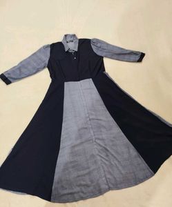 Elegant Navy Blue &amp; Grey Long Shirt Dress