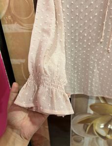 Sheer Swiss Dot Tie Neck Blouse