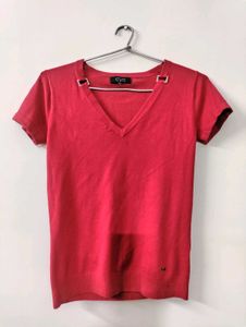 Chic Red V-Neck Top with Stud Detail
