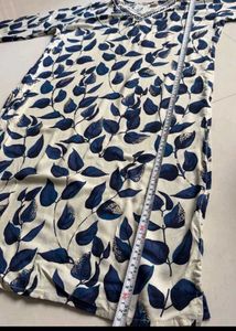 White Kurta with Blue Leaf Print