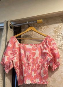 Pink Floral Smocked Tie-Up Crop Top