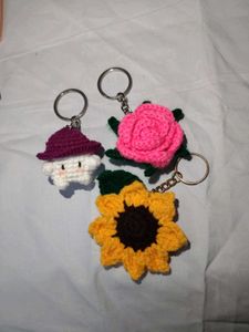 Crocheted Keychain Set - Mushroom, Rose, Sunflower