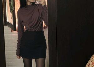 Shein Brown Ruched Mock Neck Bodysuit
