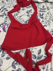 red halterneck tieup top