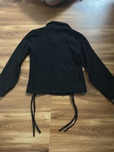 Black Ribbed Button-Up Top