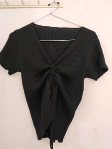 Black Ribbed Ruched V-Neck Top