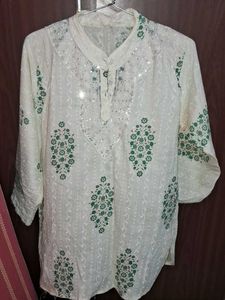 Elegant White short Kurta with Green Floral Print