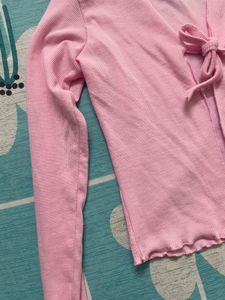 Pink Tie-Front Ribbed Cardigan Top