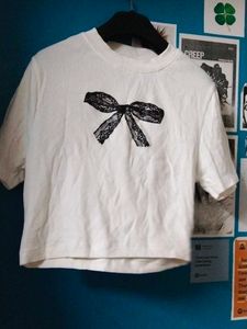 Cute Lace Bow White oversized crop top