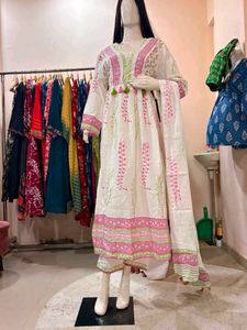 White Kurta Set with Pink &amp; Green Print