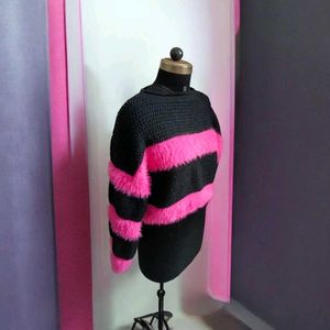 Striped Fur Trimmed Knit Sweater