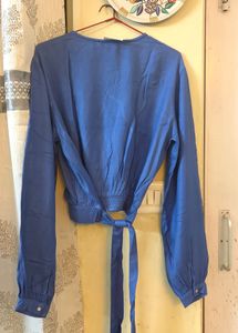 Blue Wrap V-Neck Long Sleeve Top
