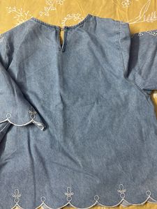 Denim Top with White Embroidery