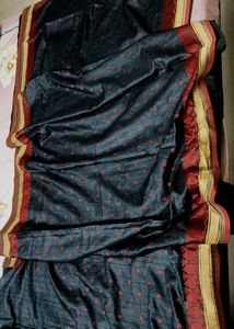 Black Red Zari Embroidered Tussar Silk Saree