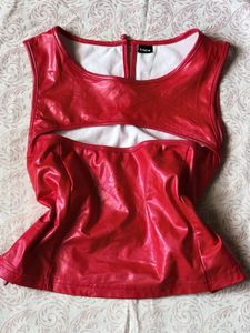 Wet Look Red Faux Leather Cutout Top