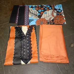 Orange &amp; Black Floral dress material