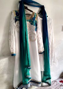 Party Wear White &amp; Blue Embroidered Kurta Plazzo,