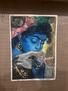 A krishna ji painting with cow