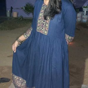 Elegant Blue Kurta with Printed Yoke