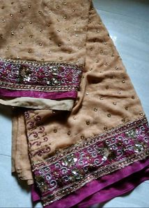 Embellished Beige Saree with Purple Border