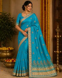 Stunning Blue Embroidered Silk Saree- only saree