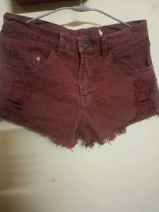 Maroon Distressed Denim Shorts